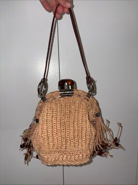 Handwoven Tan Crochet Mini Bag with Wood Bead Accent